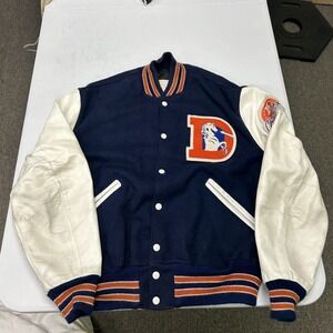 DeLONG Varsity Jacket Mens 44 Blue Denver Broncos Wool Leather Vintage USA